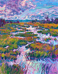 Dramatic landscape painting of water reflections in marshlands, South Carolina, by Erin Hanson. Dramatic landscape painting of water reflections in marshlands, South Carolina, by Erin Hanson.