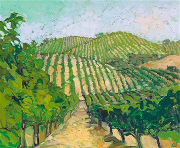 Oil painting in green hues of California vineyards with rolling hills in a impressionistic style