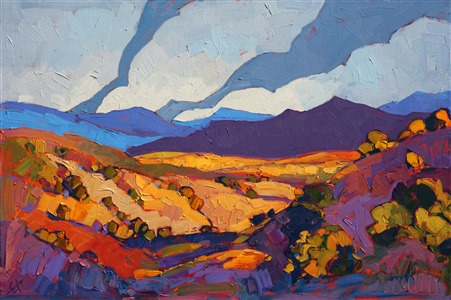 Bold, colorful oil painting of New Mexico desert, by Erin Hanson