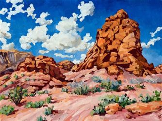 Utah landscape oil painting of red rock boulders contrasted against a vibrant blue sky and clouds by impressionist artist Erin Hanson Utah landscape oil painting of red rock boulders contrasted against a vibrant blue sky and clouds by impressionist artist Erin Hanson