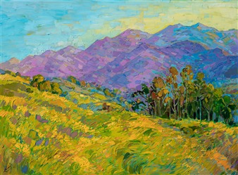 Mustard flowers on a California hillside, by contemporary landscape artist Erin Hanson. Mustard flowers on a California hillside, by contemporary landscape artist Erin Hanson.