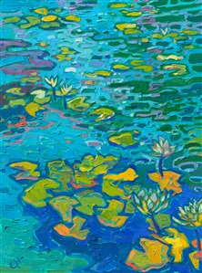 San Diego Balboa Park lily pond landscape oil painting for sale by American impressionist Erin Hanson Painting Patterns of Lilies
