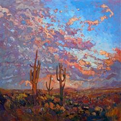 Arizona Saguaro landscape painting in dramatic lighting, by modern impressionist Erin Hanson Arizona Saguaro landscape painting in dramatic lighting, by modern impressionist Erin Hanson