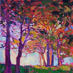 Peacock Dawn, petite oil painting for sale by California impressionist Erin Hanson. Peacock Dawn, petite oil painting for sale by California impressionist Erin Hanson.