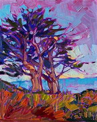 Small oil painting of Monterey cypress tree, by Erin Hanson. Small oil painting of Monterey cypress tree, by Erin Hanson.