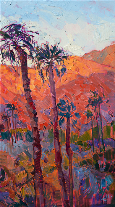 Triptych panel La Quinta palm trees landscape painting by Erin Hanson