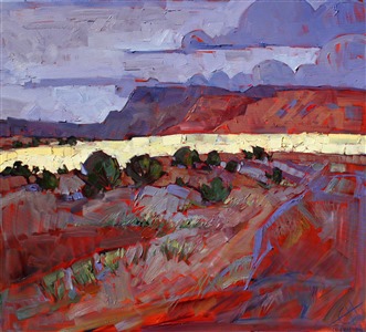 Dramatic lighting in desert colors, original oil painting by Erin Hanson
