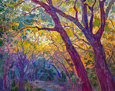 Purchase impressionist paintings of oak trees, by modern impressionism oil painter Erin Hanson. Painting Oak Impressions