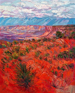 Canyonlands landscape painting in oil, with a loose expressionist brush stroke and vivid color. Painting Canyonlands Vista