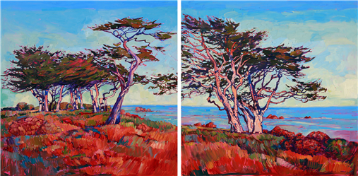 Monterey cypress diptych oil painting by modern impressionist artist Erin Hanson Painting Monterey Diptych