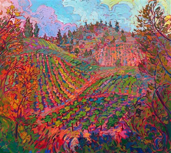 Boonville California Mendocino wine country autumn colors oil painting by impressionist Erin Hanson. Painting Golden Vines