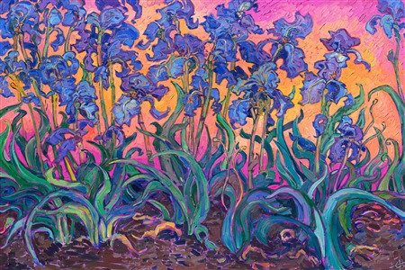 Purple irises floral impressionism oil painting by modern master Erin Hanson, creator of Open Impressionism. Purple irises floral impressionism oil painting by modern master Erin Hanson, creator of Open Impressionism.