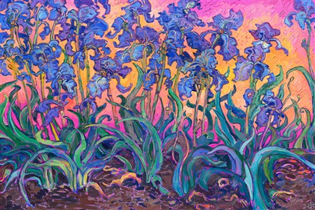 Purple irises floral impressionism oil painting by modern master Erin Hanson, creator of Open Impressionism. Painting Dance of Irises
