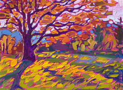 Painting of maple tree fall color in Blue Ridge Mountains in South Carolina, original oil painting for sale by Erin Hanson. Painting Maple in Petite