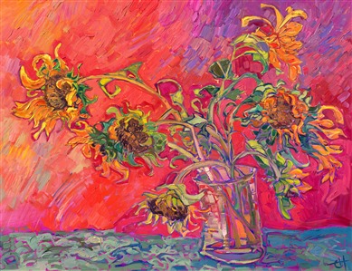 Sunflowers impressionism oil painting in the style of van Gogh, a modern impressionist adaptation by Erin Hanson. Painting Summer Sunflowers