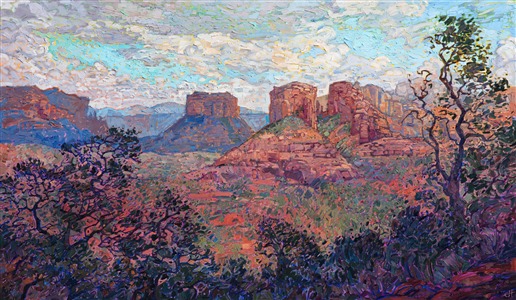 Oil painting of Sedona Buttes by contemporary impressionist artist Erin Hanson Painting Sedona Buttes
