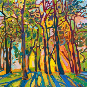 Pine trees crystal light oil painting by modern impressionist Erin Hanson.