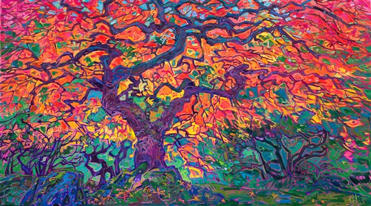 Portland Japanese maple original oil painting for sale in a modern impressionism style, by Erin Hanson. Painting Maple Zen