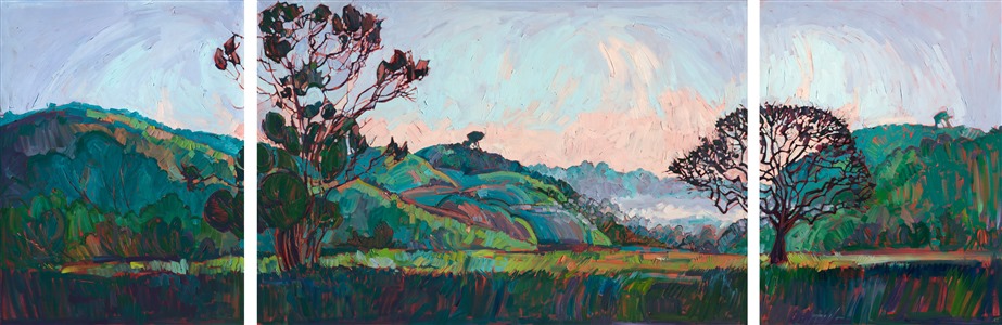 Beautiful Paso Robles painting of rolling hills and mist in the background by contemporary artist Erin Hanson Painting Triptych of Trees