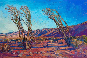 California ocotillo cacti blooming in Joshua Tree National Park, original oil painting by Erin Hanson California ocotillo cacti blooming in Joshua Tree National Park, original oil painting by Erin Hanson