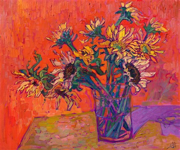 Impressionism sunflowers oil painting by modern master Erin Hanson Painting Sunflowers on Table