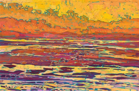 Limited palette oil painting is hues of red, orange and yellow -- impressionist original oil painting of Monterey Peninsula, by Erin Hanson. Painting High Tide