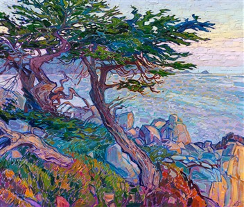 Pebble Beach cypress tree Monterey coastal oil painting by modern impressionist Erin Hanson Painting Cypress Dusk