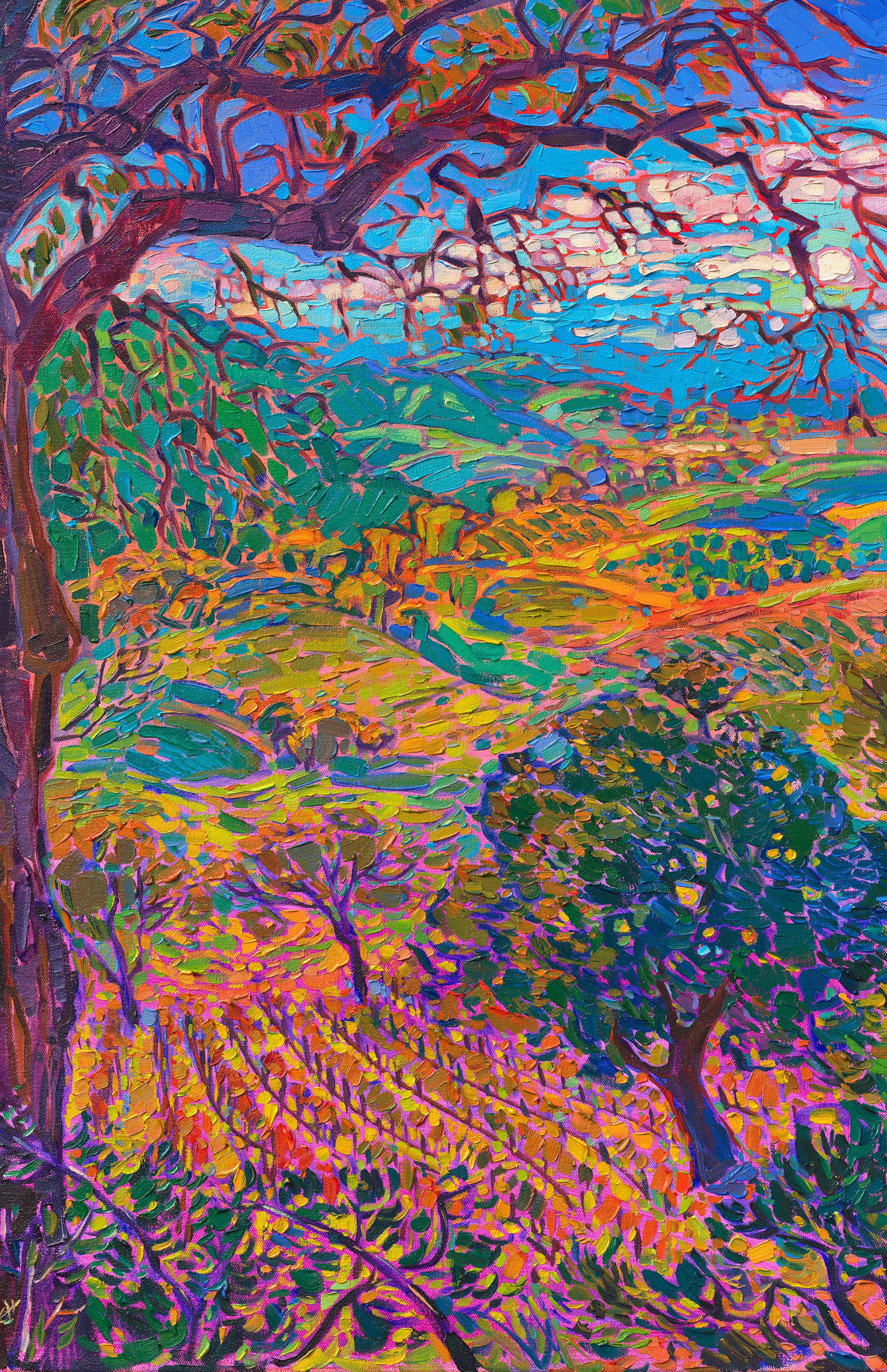 Wine Country Inspirations In 2010, Erin Hanson moved back to California, where she discovered the idyllic, rolling landscapes of Paso Robles wine country. She was immediately captivated by this romantic landscape of rounded oak trees and verdant hillsides, such a contrast to the stark, angular beauty of Red Rock Canyon. She began painting wine country paintings, applying the Open Impressionism technique she had developed while painting desertscapes to this new landscape of slopes and curves. Erin Hanson loved painting wine country so much that she published a coffee table book&nbsp; Wine Country: Impressions in Oil , which contains over 300 pages of wine country-inspired works from Paso Robles, Temecula, Napa, Mendocino, Carmel Valley, and Oregon&#39;s Willamette Valley. &ldquo;Erin Hanson transforms landscapes into abstract mosaics of vibrant color. Her confident use of impasto brush strokes adds depth and structure, lending an almost sculptural dimension to the canvas. She uses as few brush strokes as possible, without layering, in a style that has become known as Open Impressionism.&rdquo; &ndash; excerpt from&nbsp; Wine Country: Impressions in Oil 