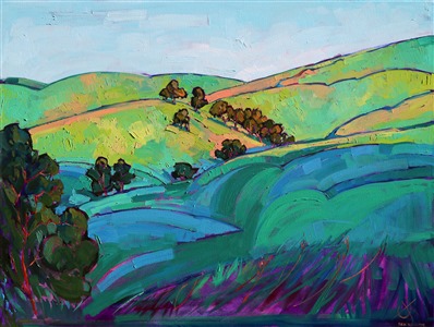 This painting is in the permanent collection at the Mattatuck Museum, in Waterbury, Connecticut. 

Minute by minute, the dawn light changes over these rolling California hillsides. Driving through the winding roads as the sun cleared the horizon revealed vista after vista of "must-paint" landscape.