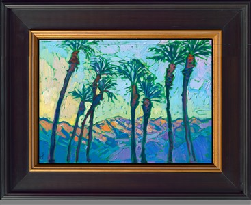 The Coachella Valley is famous for its dramatic mountain ranges and iconic date palms. Inspired by La Quinta, California, this petite painting captures all the beauty and vivacity of the high desert. 

"Painted Palms" is an original oil painting on linen board, done in Erin Hanson's signature Open Impressionism style. The piece arrives framed in a wide, black and gold plein air frame. 

This piece will be displayed in Erin Hanson's annual <i><a href="https://www.erinhanson.com/Event/petiteshow2023">Petite Show</i></a> in McMinnville, Oregon. This painting is available for purchase now, and the piece will ship after the show on November 11, 2023.