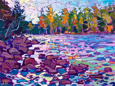 Acadia National Park is a land of colorful rocks and reflective waters, brilliant autumn hues and baby blue skies. This petite painting recaptures the beauty of this park with thick, expressive brushwork and vibrant strokes of color.

"Acadia Reflections" was created on fine linen board, and the painting arrives framed in a plein air frame, ready to hang.