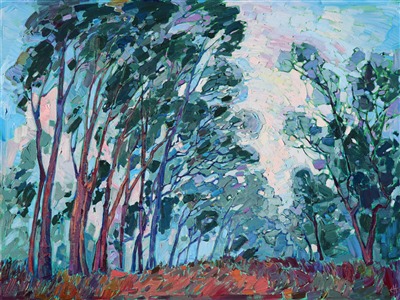 Early morning fog lingers in the eucalptus trees of Scripps Ranch, along the path where I like to jog in the mornings. The summer greens of these elegant trees fade into hues of blue and lavender in the morning fog. The brush strokes are loose and painterly, capturing and stimulating the imagination.

This painting was done on 1-1/2" canvas, with the painting continued around the edges. The piece arrives framed and ready to hang.