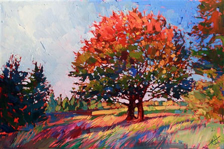The Oregon wine country of Willamette Valley is similar to California's wine country: rolling hills and large, beautiful oak trees. This painting captures the early morning sunrays striking a summer oak.