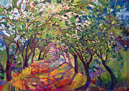 One of Hanson's most iconic paintings, "The Path" is an expressionistic celebration of color and motion. This inviting path, lined with California oak trees, beckons you into another land of beauty and imagination. The brush strokes, loose and lively, create a vivid interplay of color and light between the oak branches.