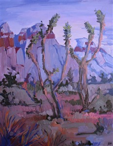 This painting on board was created during the artist's Red Rock Canyon rock climbing days.  Waking up before dawn was common for climbers, to avoid the heat, and there were many beautiful desert colors seen in the pre-dawn light.
