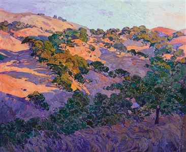 Summer-golden hills of northern California wine country are captured here in wide brush strokes and vivid color.  Napa Valley is full of inspirational vistas, rolling hills, and oak trees, not to mention the many vineyards.  This large painting re-creates the grandeur of this landscape.

"Napa Oaks" was painted on 1-1/2" canvas, with the painting continued around the edges in wrap-around style.  The piece has been framed in a hand-carved and gilded frame made by Mayen Olson.  It arrives wired and ready to hang.