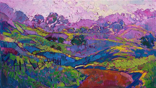 The wine-colored hills of Paso Robles leap from the canvas in vivid, expressionistic color. This painting kindles an emotional reaction, different for every viewer, transporting you to your own world of imagination and creativity.

This painting was created on museum-depth canvas, with the painting continued around the edges of the stretched canvas. It arrives ready to hang without a frame. (Please contact the artist if you want information on framing options for this painting.)
