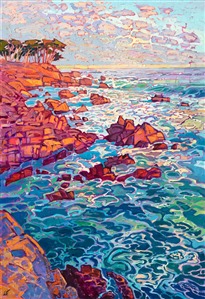 The Monterey coastline is beautiful at dawn, the pink and red rocks catching the warm sunlight. The swirling, foamy waters below catch the light and turn ever-changing colors of aqua and turquoise. Each brush stroke adds to the overall motion of the painting.

"Dawning Coast" was created on 1-1/2" canvas, with the painting continued around the edges. The painting arrives framed in a contemporary gold floater frame in 23kt gold leaf.