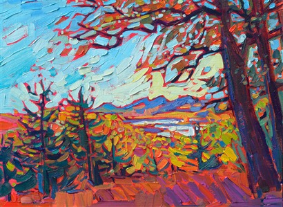 A petite canvas captures the wide landscape and vivid fall colors of the Blue Ridge Mountains in South Carolina. Blue Ridge Parkway is the most-traveled highway in the U.S., as leaf peepers from far and wide gather to see the brilliant fall foliage.

"Blue Ridge Vista" is an original oil painting on linen board. The piece arrives framed in a classic black and gold plein air frame, ready to hang.