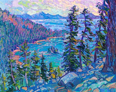 Lake Tahoe stretches into the distance, peeking out between the tall lanky pine trees growing along the rocky mountainside. The aqua greens and ultramarine blues swirl together in a calming, fluid motion. The brush strokes in the painting are thick and impressionistic.

"Tahoe Waters" is an original oil painting on stretched canvas. The piece arrives framed in a contemporary gold floater frame, ready to hang.