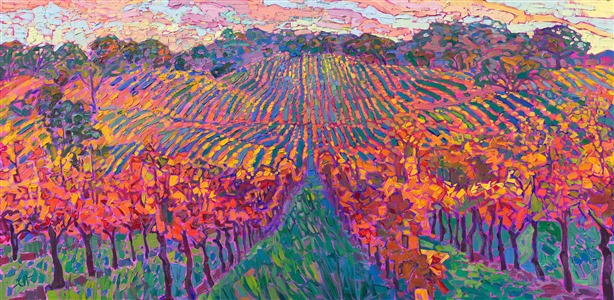 Bright yellow autumn vineyards create bold stripes of color across the rolling hills of Oregon's wine country. This painting captures the local vines of Elizabeth Chambers Cellars.

"Autumn Vineyard" is an original oil painting created on 1-1/2"-deep canvas, with the painting continued around the edges of the canvas. The piece arrives framed in a contemporary gold floater frame, ready to hang.