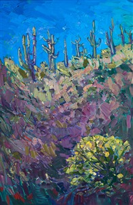 The beautiful Arizona desert sky highlights a ridge of Saguaro cacti and springtime wildflowers, in this moving and colorful original oil by Erin Hanson. Thick brushstrokes and deep hues bring to life the desert landscape.

This painting was created on 3/4" stretched canvas. It has been framed in classic plein air frame and arrives ready to hang.
