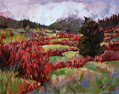 Lines of grass are highlighted in pale red, a beautiful contrast with the rich greens of southern Colorado. Thick, expressive strokes of oil paint carve texture and motion into the canvas.

This painting was created on museum-depth canvas, with the painting continued around the edges of the stretched canvas. It arrives ready to hang without a frame. (Please contact the artist if you would like information on framing options for this painting.)