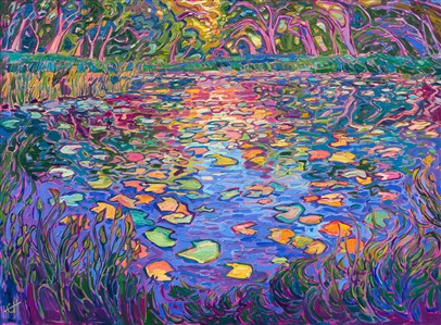 Reflections of trees and warm afternoon hues swirl together in this lilies pond, inspired by the gardens at Norton Simon Museum in Pasadena, California. The brush strokes in this painting are expressive and impressionistic, like a Monet or a van Gogh painting, capturing the lingering beauty of the scene.

"Lilies Reflections" is in the permanent collection of the <a href="https://www.hilbertmuseum.com/" target="_blank">Hilbert Museum of California Art</a>, in Orange, CA.