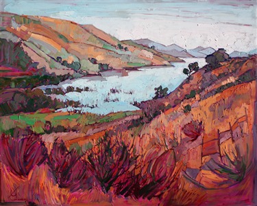 This painting pushes the autumn shades of central California to the next level, creating a burst of subtle color with expressive brushwork. The paint is laid on in thick strokes, in a mosaic-like style of application. Whale Rock Reservoir is located between Paso Robles and Morro Bay.