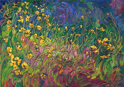 Abstract lines of color and impasto brush strokes capture the lively movement of a cluster of yellow wildflowers.  The brightness of the canary flowers, dancing in the sunlight, is a beautiful contrast against the shaded grass beyond.

This painting was created on 1-1/2" deep canvas, with the painting continued around the edges.  The piece arrives framed in a carved floater frame designed for the painting, ready to hang.

This painting will be displayed at <a href="https://www.erinhanson.com/event/californiasuperbloomartexhibition">The Super Bloom Show</a>, September 9th, at The Erin Hanson Gallery in San Diego.  If you purchase this painting before the show, your piece will be shipped to you after September 9th.