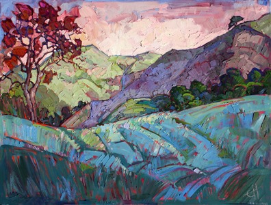 A rainbow of colors from red to purple capture the glorious colors of Spring in Paso Robles. The freedom and boldness of the brushwork expresses the artist's deep love for this landscape.