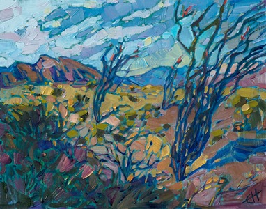 Loose brush strokes and dramatic shading capture the colorful desert super bloom in Borrego Springs. This expressive petite oil painting will be framed in a gold plein air frame and arrives ready to hang.

This painting will be displayed at <a href="https://www.erinhanson.com/event/californiasuperbloomartexhibition">The Super Bloom Show</a>, September 9th, at The Erin Hanson Gallery in San Diego.  If you purchase this painting before the show, your piece will be shipped to you after September 9th.