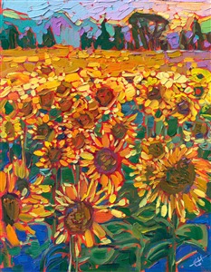 Oregon sunflower fields glow with vivid hues of summer, in this petite oil painting by Erin Hanson. The thick, expressive brush strokes add dimension and texture to the piece.

"Sunflower Fields" is an original oil painting by Erin Hanson, painted on linen board. The piece arrives framed in a gold plein air frame.