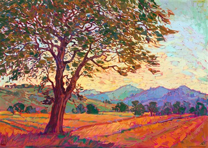 A stately oak spreads its wide branches out over the summer-gold fields. The distant hills roll away into the distance, turning hues of purple and green, illuminated by the warm, afternoon air. The thickly applied brush strokes are applied without layering, in the Open Impressionist style created by Erin Hanson. The painting has a stained glass effect that radiates light from within the oil painting.

"Oak in Summer" is an original oil painting on gallery-depth stretched canvas. The painting arrives framed in a contemporary gold floater frame finished in 23kt burnished gold leaf. 